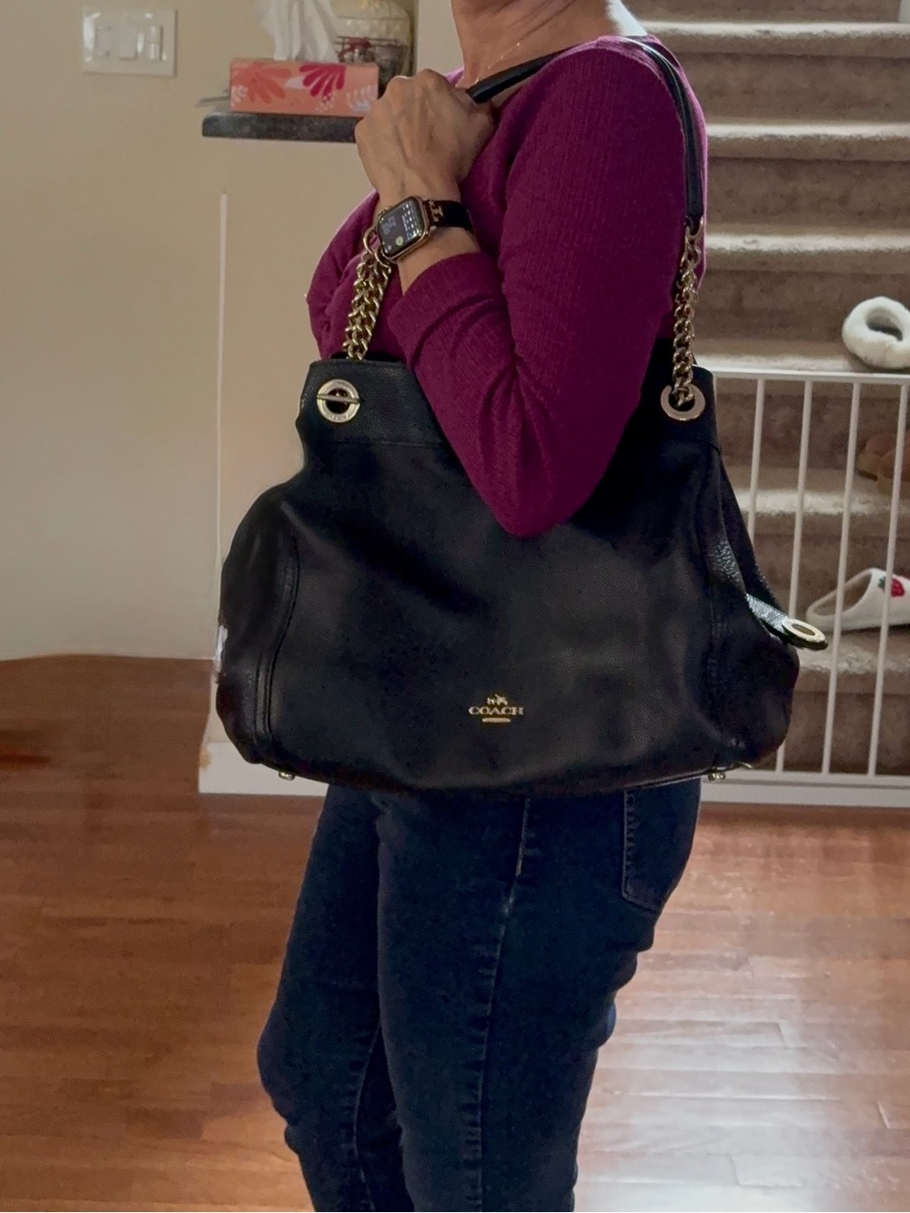 Coach Black Leather Shoulder Bag with Gold Chain Handles